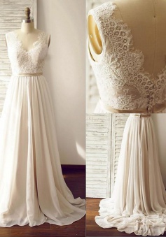 Elegant V-neck Sleeveless Sweep Train Open Back Ivory Wedding Dress with Lace Top