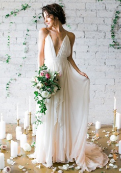 A-Line Deep V-Neck Sweep Train Backless Ivory Chiffon Wedding Dress with Pleats