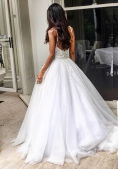 Elegant Sweep Train Backless Wedding Dress with Lace Top Spaghetti Straps