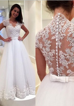 Elegant Scoop Sweep Train Wedding Dress Lace Top with Sash