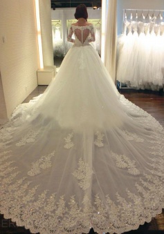 Luxurious Off Shoulder Long Sleeves Watteau Train Wedding Dress with Beading Lace