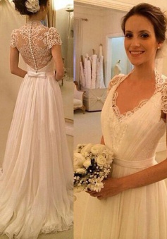 Gorgeous A-line V-neck Cap Sleeves Lace Chiffon Wedding Dress