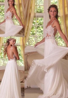 Sexy A-line Lace Applique Long Backless Chiffon Wedding Dress Bridal Gown