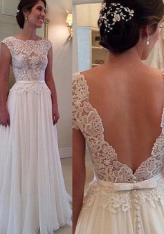 Elegant Cowl Backless Long Chiffon Wedding Dress with Lace Top Sash