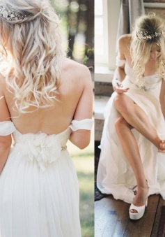 Elegant Off-shoulder Beading Sash Long Chiffon Wedding Dress