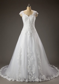 New Arrival A-line Sweetheart Capped Tulle Appliques Wedding Dress