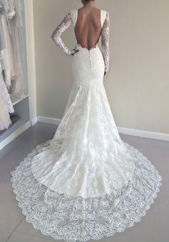 Stunning Jewel Long Illusion Sleeves Court Train Sheath White Wedding Dress with Open Back