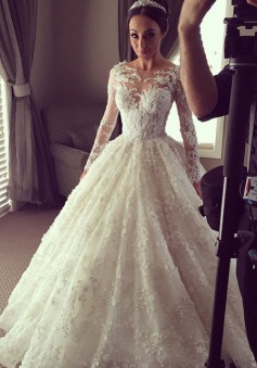 Elegant Ball Gown Lace Long Wedding Dress with Long Illusion Sleeves