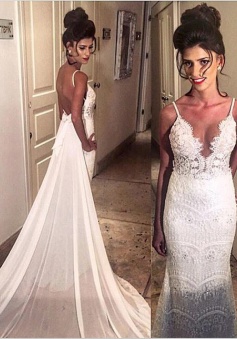 Sexy & Hot V-neck Spaghetti  Beading  Open Back Lace Wedding Dresses  with Court Train