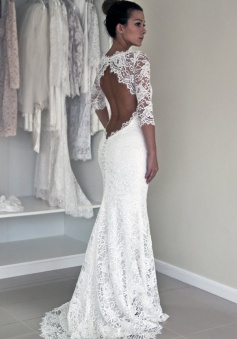 Sexy Mermaid Wedding Dress - White Scoop Half Sleeves Dress with Lace