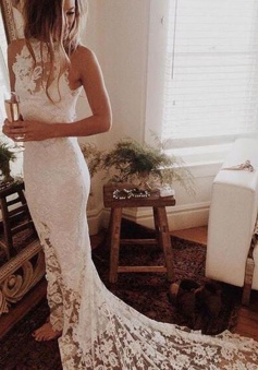 Stunning Jewel Sleeveless Mermaid Lace Wedding Dress with Sweep Train