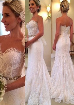 Dramatic Sweetheart Sweep Train Lace Mermaid Wedding Dress Beading Waist