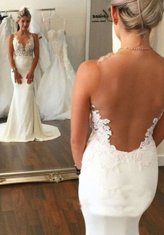 Hot Selling Mermaid Sleeveless Sweep Train Wedding Dress with Lace Illusion Back