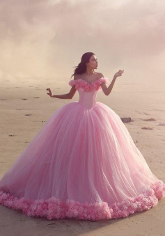 Ball Gown Off-the-Shoulder Pink Tulle Wedding Dress with Flowers