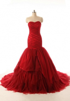 Popular Handmade Long Mermaid Red Wedding Dress