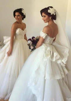 Gorgeous Ball Gown Sweetheart Off-shoulder Tulle Long Wedding Dress