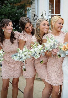 Sheath Crew Short Cap Sleeves Pink Lace Bridesmaid Dress