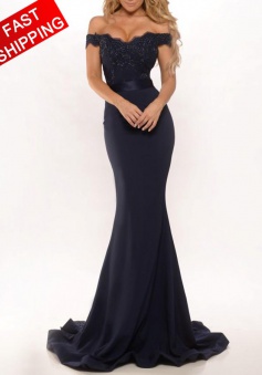 Mermaid Off-the-Shoulder Sweep Train Black Stretch Satin Prom Dress with Appliques Lace