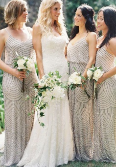 Sheath Spaghetti Straps Sweep Train Sleeveless Grey Sequined Bridesmaid Dress