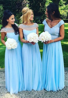 A-Line Boat Neck Floor-Length Cap Sleeves Blue Chiffon Bridesmaid Dress with Pearls