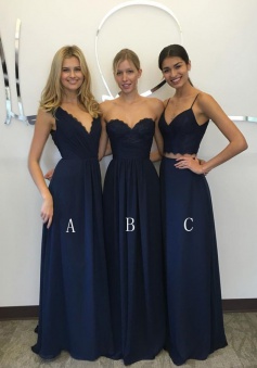 Two Piece Spaghetti Straps Floor-Length Navy Blue Chiffon Bridesmaid Dress