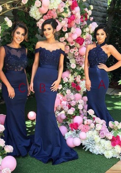 Mermaid Halter Open Back Navy Blue Bridesmaid Dress with Lace Beading