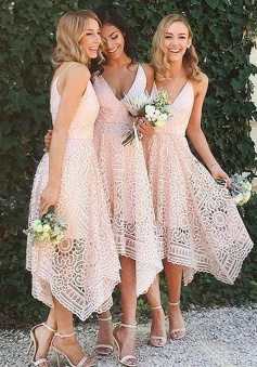 A-Line V-Neck Asymmetrical Pearl Pink Lace Bridesmaid/Homecoming Dress