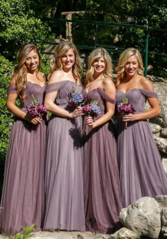 A-Line Off-the-Shoulder Floor-Length Grape Tulle Bridesmaid Dress with Ruched