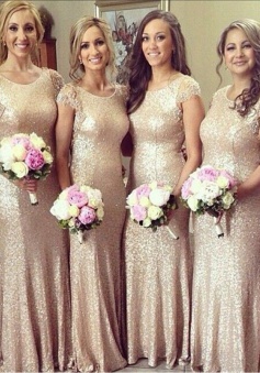 Mermaid Scoop Floor-Length Cap Sleeves Gold Sequined Bridesmaid Dress with Appliques