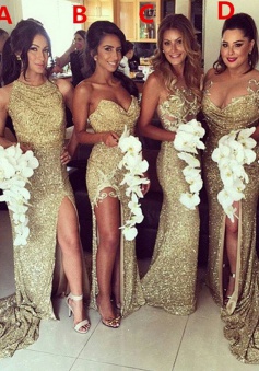Mermaid Sweetheart Sweep Train Split-Side Gold Sequined Bridesmaid Dress with Ruched