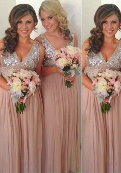 A-Line V-Nack Floor-Length Empire Pink Chiffon Bridesmaid Dress with Sequins