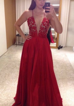 A-Line Illusion V-Neck Red Chiffon Prom Dress with Beading Lace