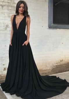 A-Line Deep V-Neck Backless Court Train Black Prom Dress with Pockets