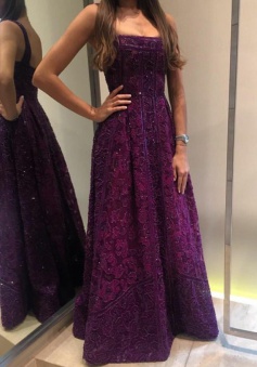 A-Line Square Neck Floor-Length Purple Lace Prom Dress with Beading