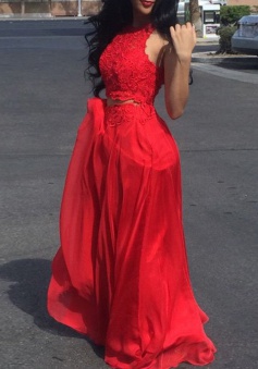 A-Line Jewel Long Red Chiffon Prom Dress with Lace Appliques Cut Out