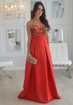 A-Line Sweetheart Long Red Satin Prom Dress with Appliques