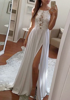 A-Line Scoop Sweep Train Light Grey Prom Dress with Lace Split