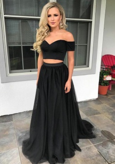 Two Piece Off-the-Shoulder Sweep Train Black Tulle Prom Dress