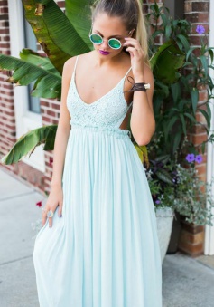 A-Line Spaghetti Straps Backless Mint Green Chiffon Prom Dress with Lace