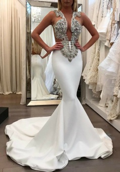 Mermaid Jewel Sweep Train Elastic Satin White Prom Dress with Beading