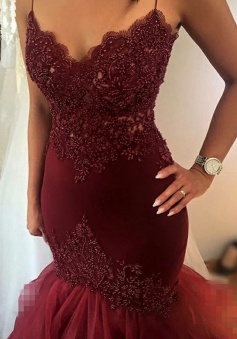 Mermaid Spaghetti Straps Maroon Tulle Wedding Dress with Beading