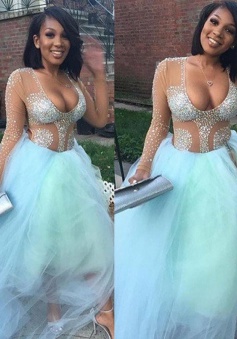A-Line Scoop Open Back Long Sleeves Light Blue Prom Dress with Beading