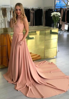A-Line High Neck Court Train Blush Prom Dress Cut Out Back with Pockets