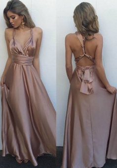A-Line V-Neck Floor-Length Blush Elastic Satin Multi-way Prom Dress