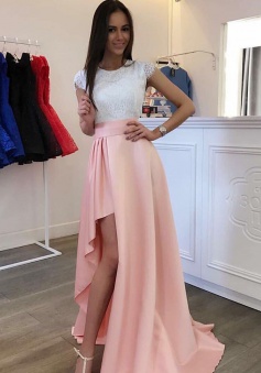 A-Line Cap Sleeves Detachable Train Pearl Pink Prom Homecoming Dress with Lace