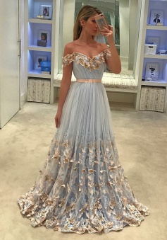 A-Line Off-the-Shoulder Light Sky Blue Tulle Prom Dress with Appliques