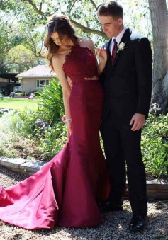 Two Piece Mermaid Halter Burgundy Satin Prom Dress with Appliques