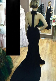 Mermaid Halter Backless Sweep Train Black Elastic Satin Prom Dress