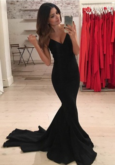Mermaid Spaghetti Straps Sweep Train Black Elastic Satin Prom Dress