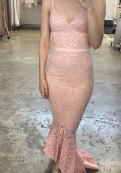 Mermaid High Low Spaghetti Straps Pearl Pink Lace Prom Dress